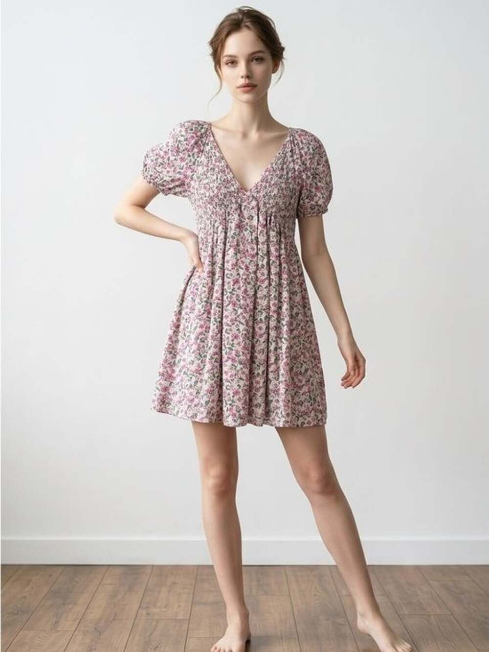Promesa Pink Floral Puff Sleeve Cottagecore Mini Dress Medium